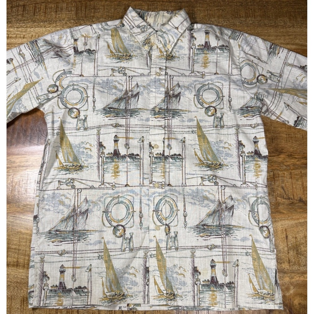 Vintage Reyn Spooner Hawaiian Shirt Mens M Reverse Print Nautical Sailboat